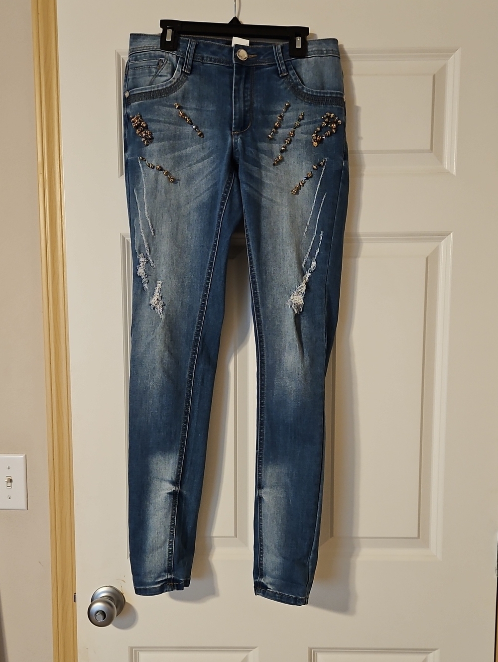 VENUS Blue Skinny Jeans with Beaded Embellishment